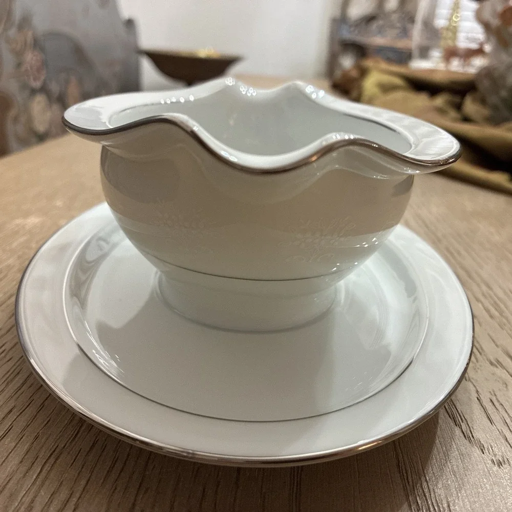 Noritake Whitehall China Gravy Boat w/Attached Underplate Silver Trim 1 PC VTG